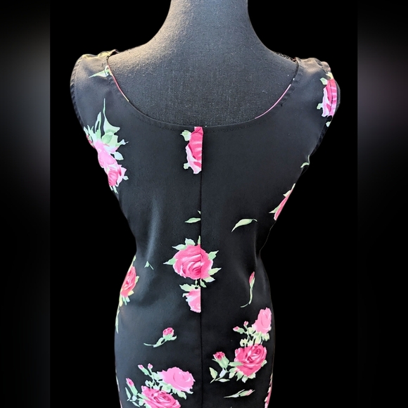 Vintage 90s Floral Black and Pink Dress With Roses Mini Small Or Medium - Picture 4 of 6